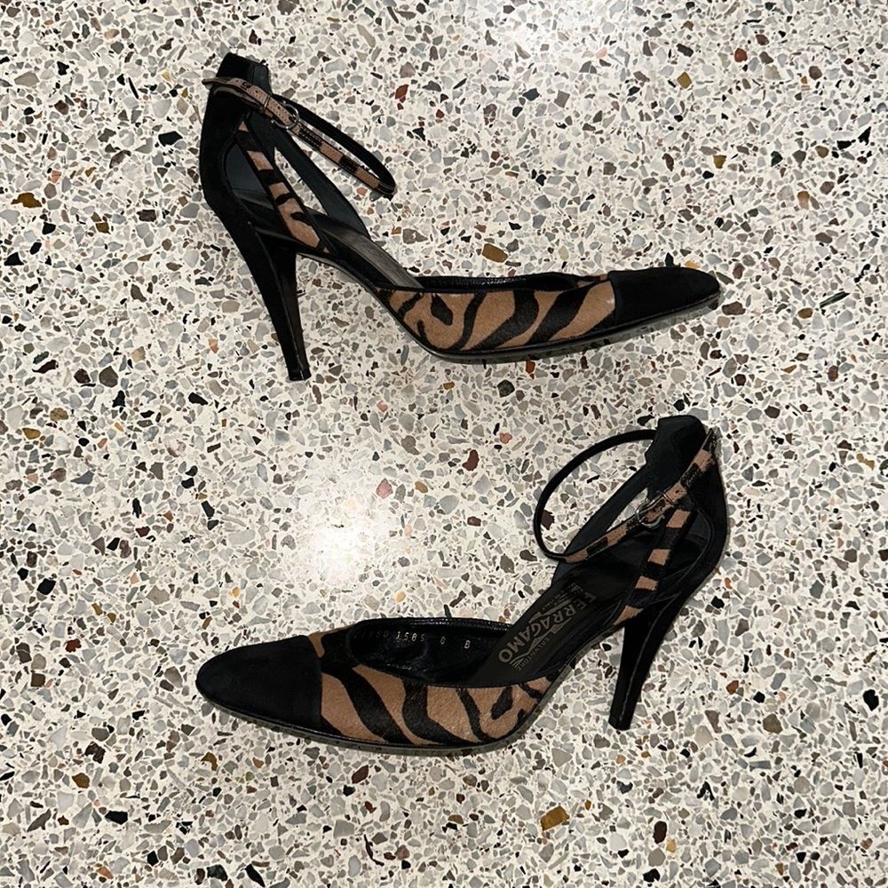 Salvatore Ferragamo tiger animal mohair heel 8 black tan